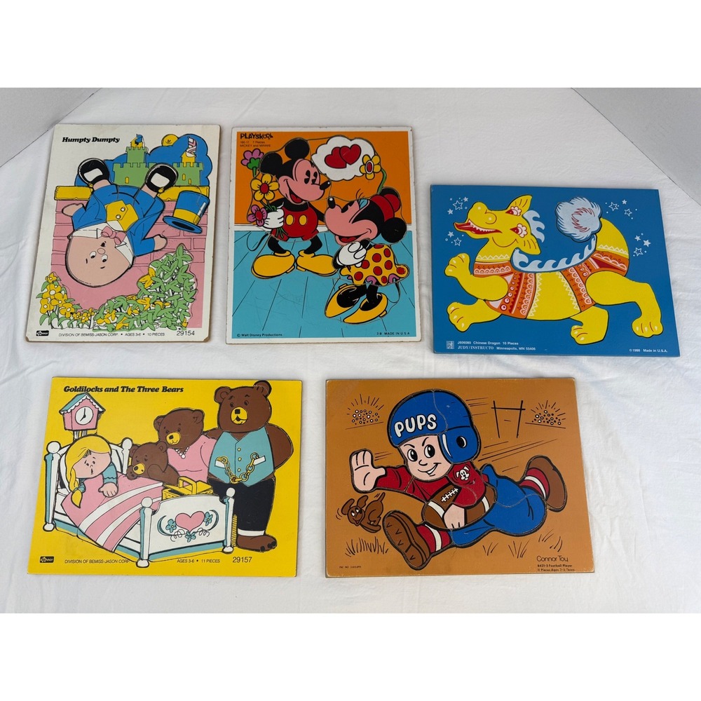 Vintage Wood Tray Puzzle Lot of 5 Playskool Disney Mickey Minnie Humpty Dumpty